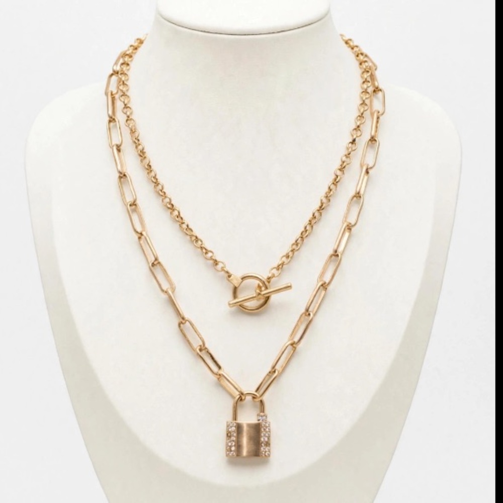 💥🆕💥MAKE A WISH Gold Tone Double Chain Link  Padlock Pendant/Toggle Closure